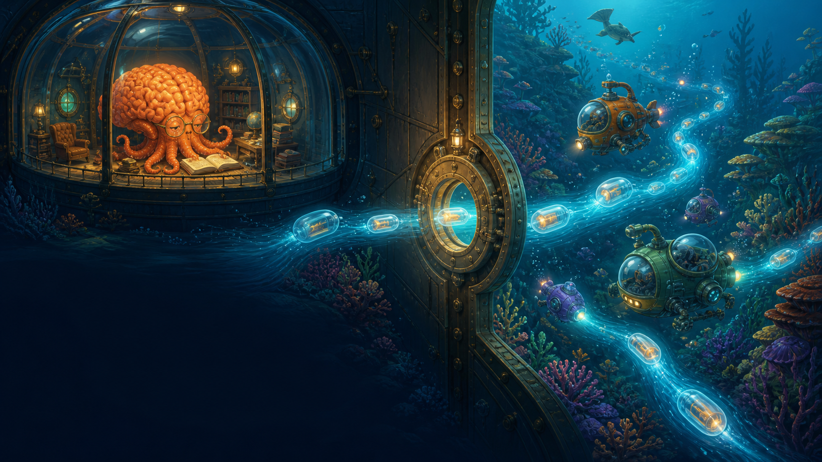A thoughtful octopus brain works inside a quiet observatory while every message capsule from agent submersibles passes through one illuminated hatch in a brass boundary.
