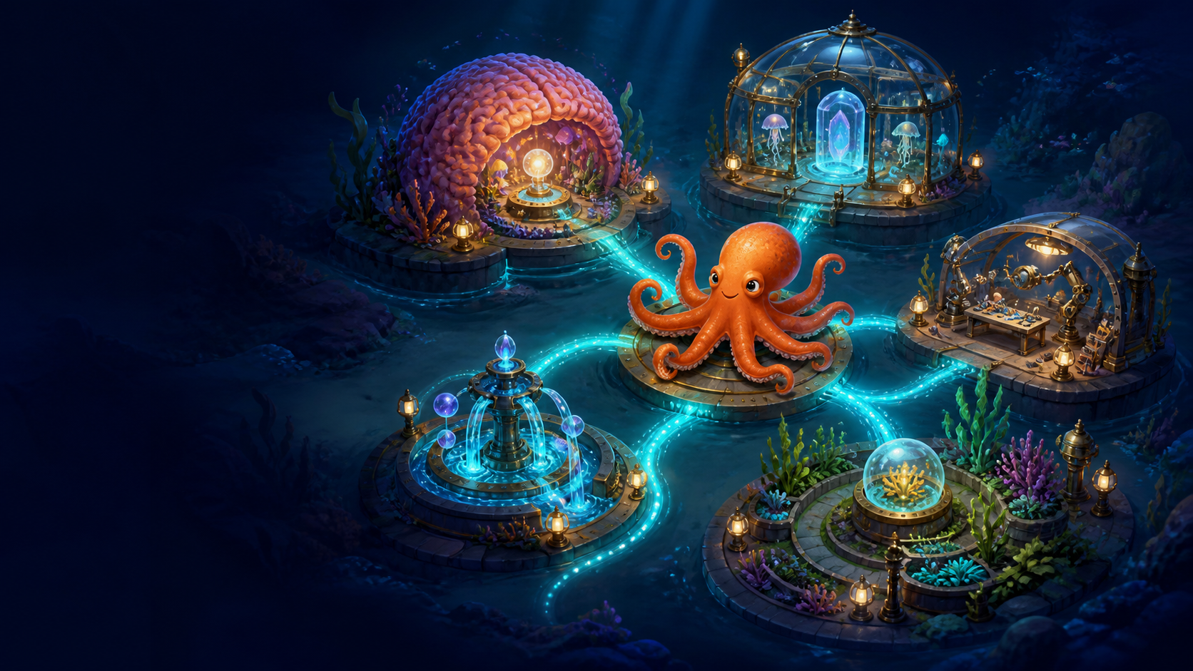 Five distinct underwater habitats for coordination, gateways, agent work, message flow, and shared data surround a central orange octopus and connect with luminous paths.