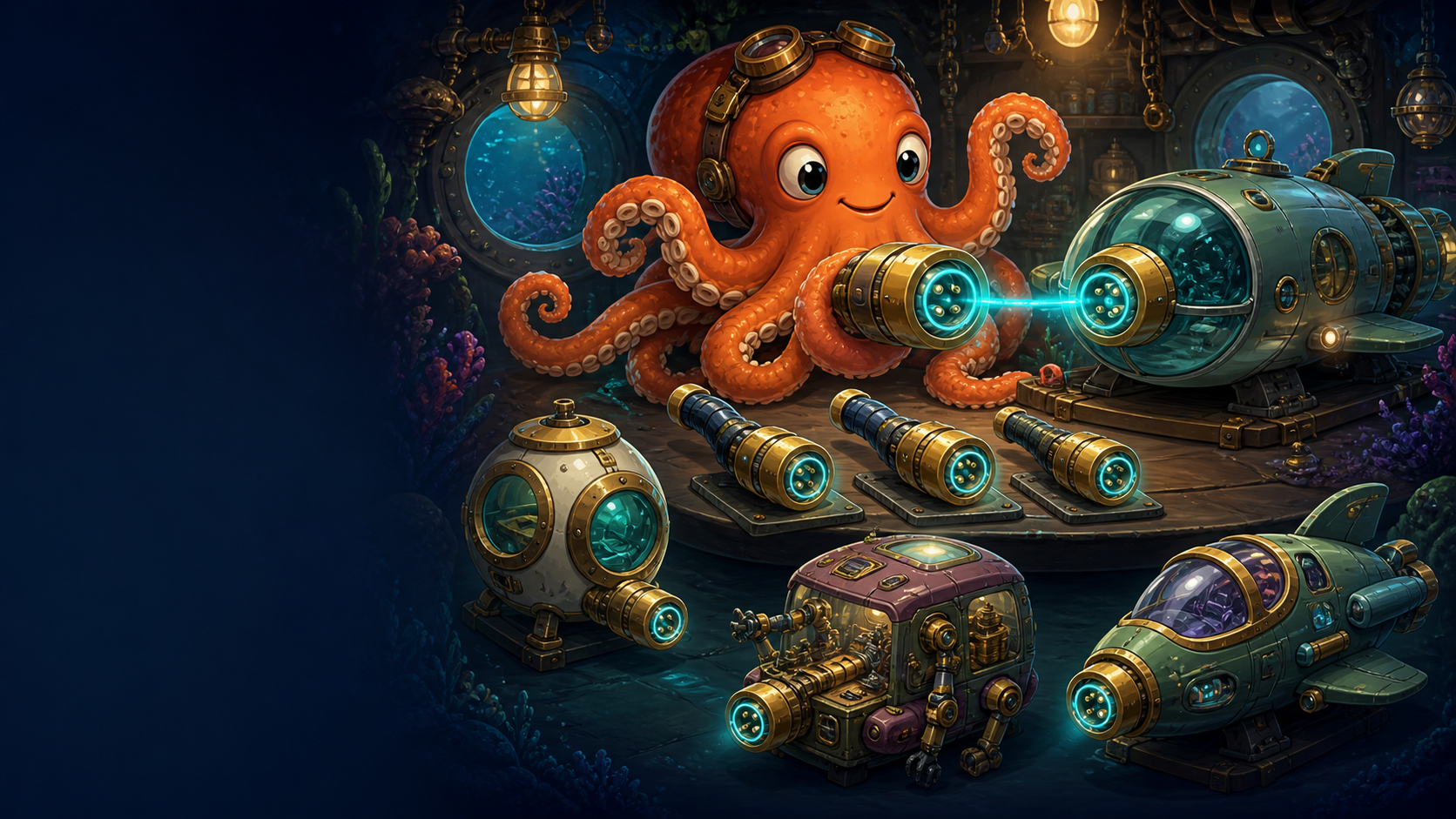 An orange octopus demonstrates a standard glowing coupling that lets several different agent craft connect through interchangeable brass adapters.