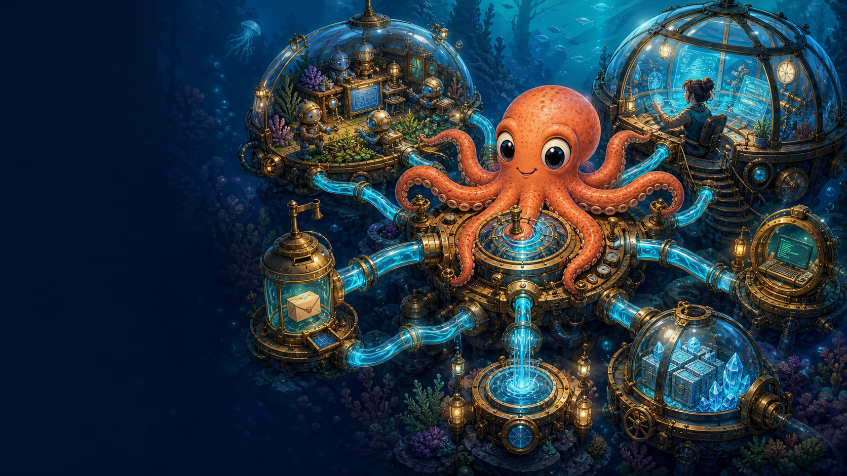 A friendly wide-eyed octopus coordinates agent workshops, a human Observatory, terminal and mail stations, message flow, and durable data through one glowing brass control-plane hub.