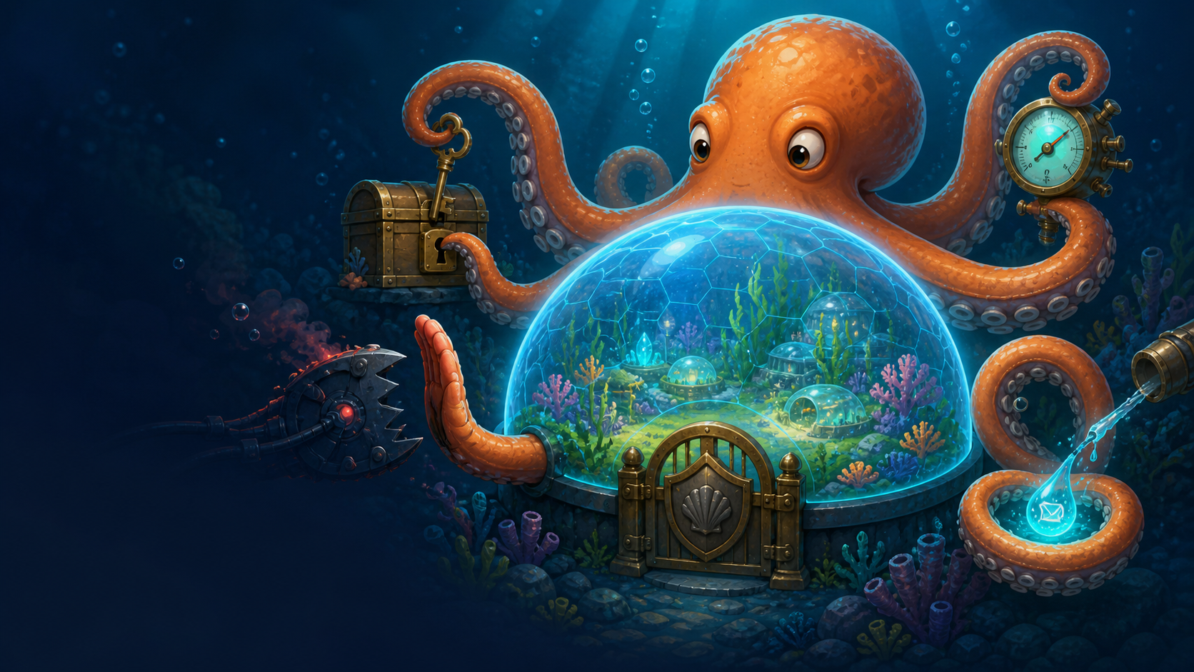 A vigilant orange octopus protects a thriving underwater garden beneath a luminous dome while locking secrets, stopping a dangerous tool, and catching a leaking message.