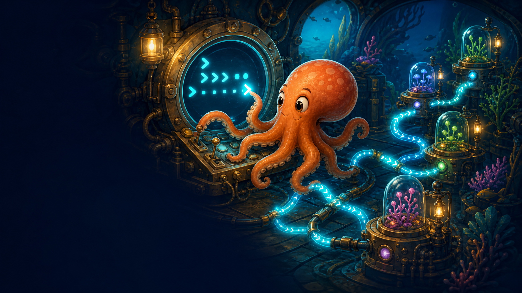 An orange octopus works at a glowing brass terminal while abstract command pulses travel through cables and wake small underwater garden stations.