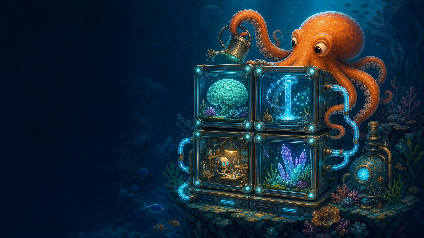 An orange octopus tends a stack of transparent habitat modules containing the brain, message flow, agent workshop, and vector garden of a self-hosted Coleo system.
