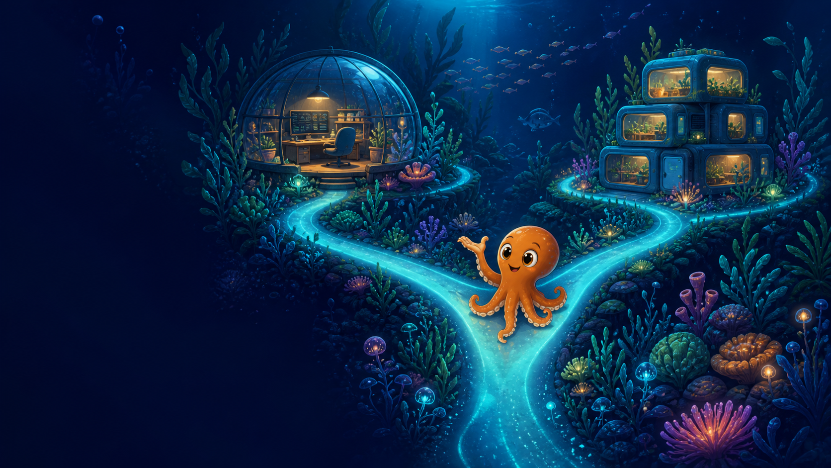 A friendly orange octopus stands where two glowing paths lead to a terminal observatory and a modular home-server habitat before rejoining the same underwater garden.