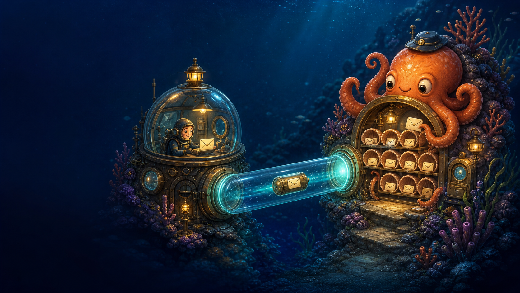 A sealed mail capsule travels through a glowing private tunnel between a diver's observatory and an octopus post office with shell-shaped mail cubbies.