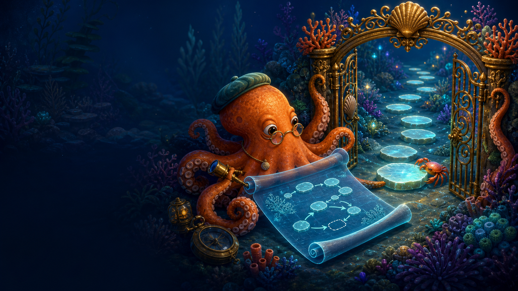 A thoughtful octopus studies a luminous garden plan beside an open brass gate and a carefully ordered path of glowing stepping stones.