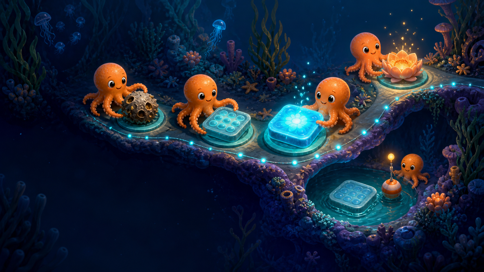Small orange octopuses tend glowing task stones as they progress from a rough seed to a finished blossom, with one waiting safely in a side pool.