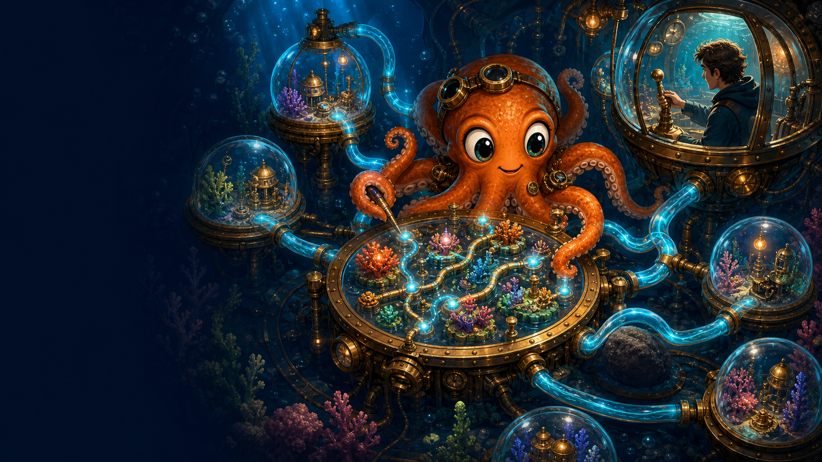 A friendly wide-eyed octopus tends a living brass plan connected by glowing energy pipes while a developer adjusts the level of oversight from a glass observatory.