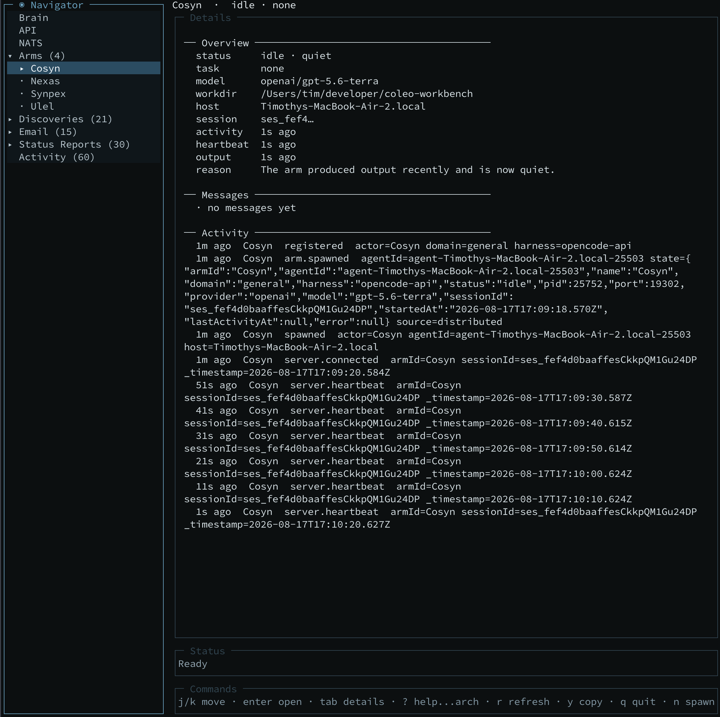 Coleo terminal interface showing four arms, one selected arm's details, and its live activity stream.
